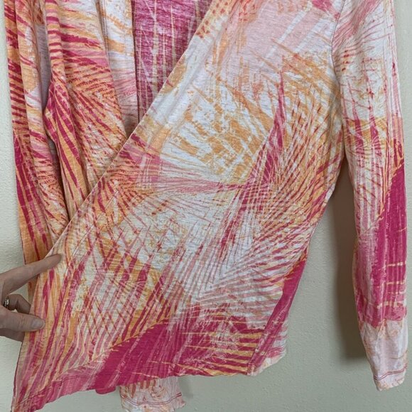 Chicos Womens XL 3 100% Linen Cardigan Sweater Open Front Knit Pink Orange Beach - Picture 5 of 12